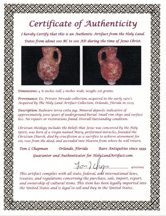 Ancient Holy Land Artifact Jug From Time of Jesus Christ 100 BC - 100 AD COA 16
