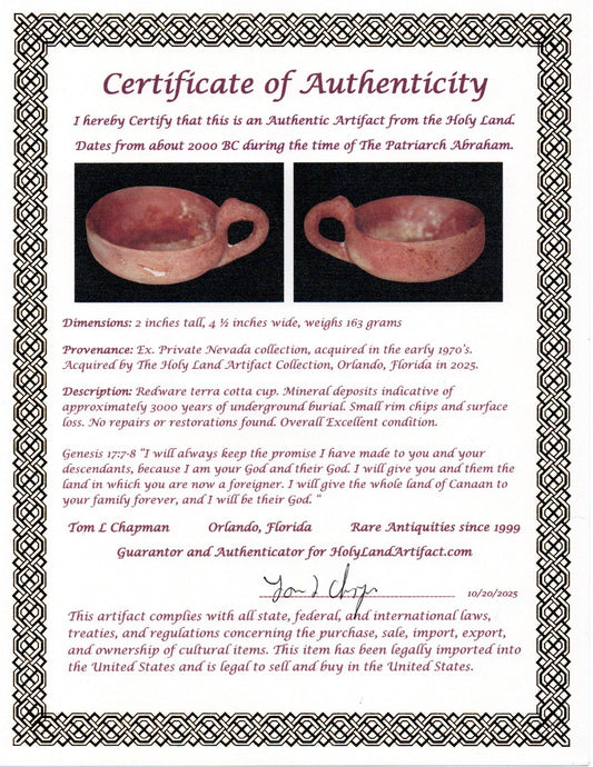 Ancient Holy Land Artifact Time Of Abraham Cup Jesus Christ Home 2000 BC COA 24