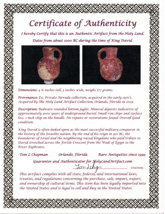 Ancient Holy Land Artifact King David Jug Land of Jesus Christ 1000 BC COA 11