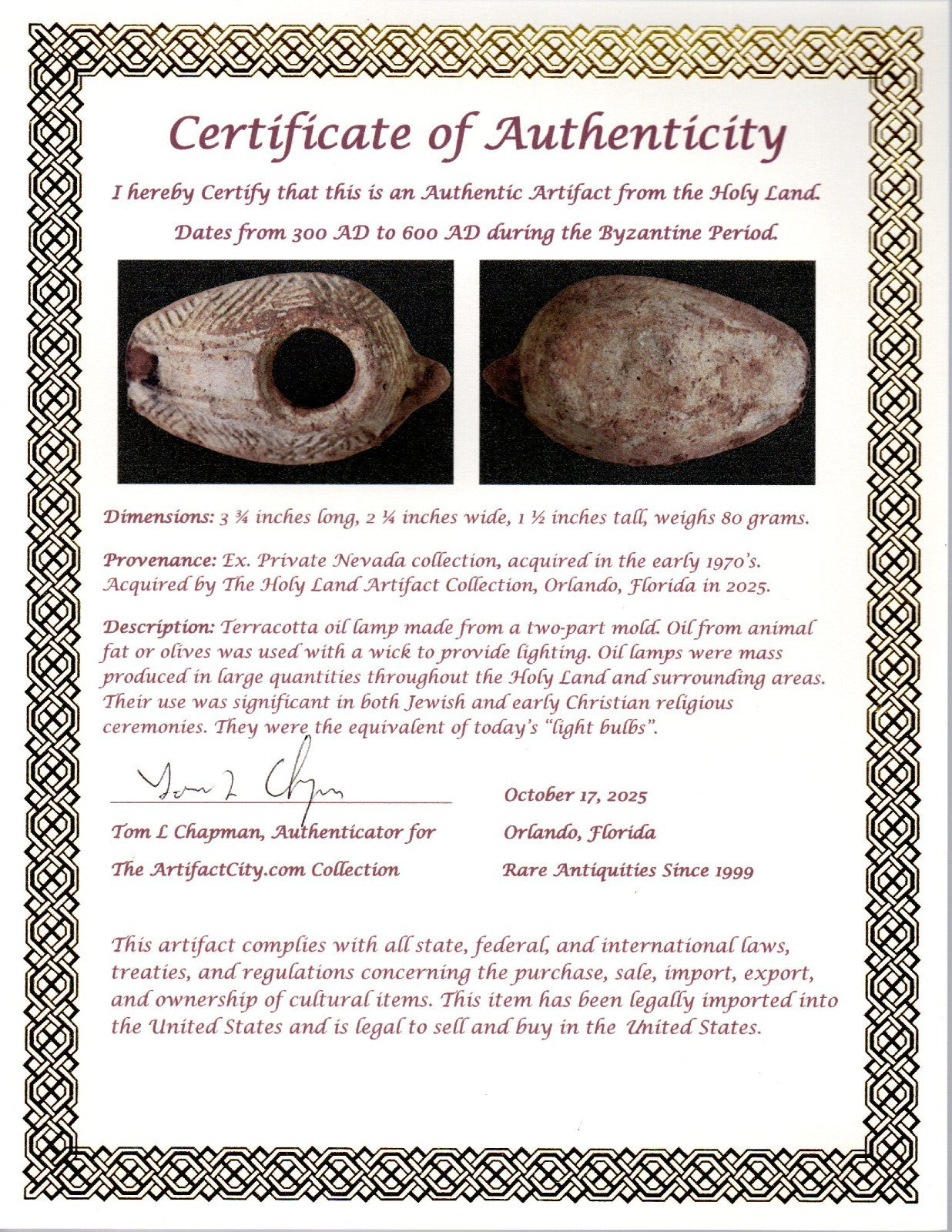 Oil Lamp Holy Land Ancient Artifact Jesus Christ Home Israel 300-600 AD COA 127