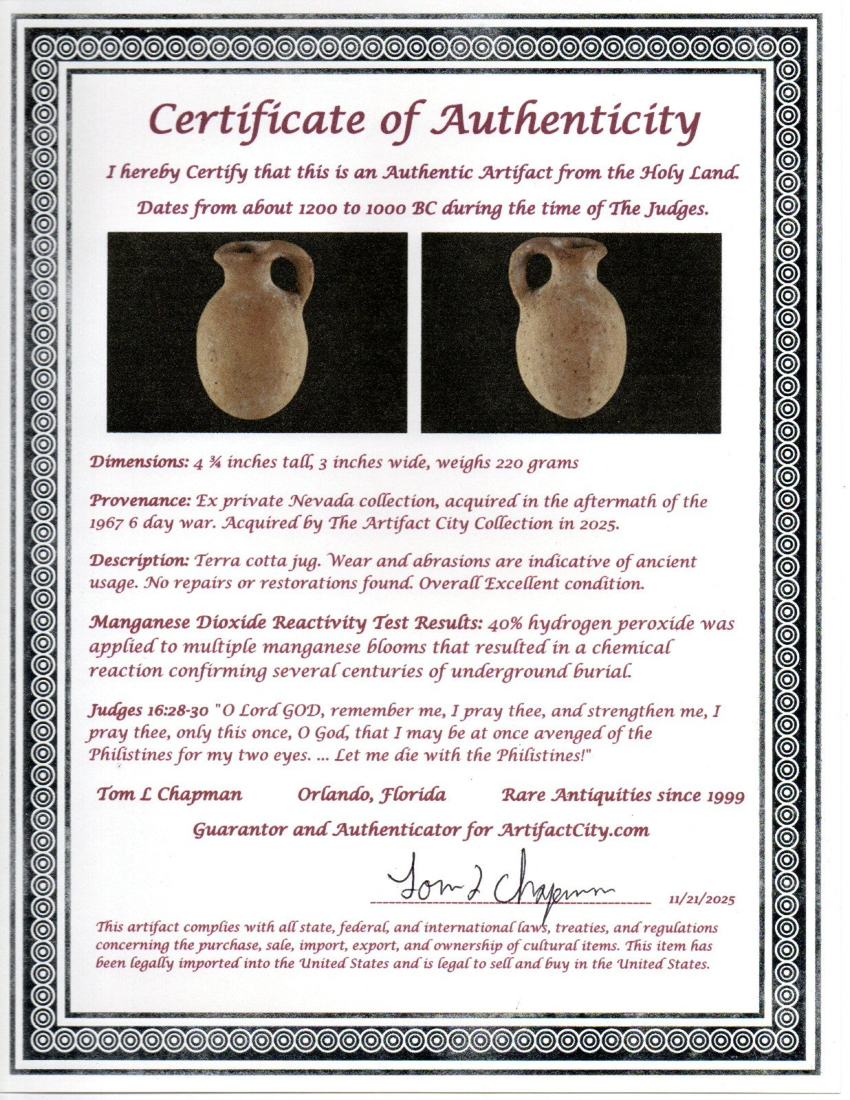 Time of Samson Holy Land Artifact Ancient 3100 Year Old Jug 1200-1000 BC COA 74