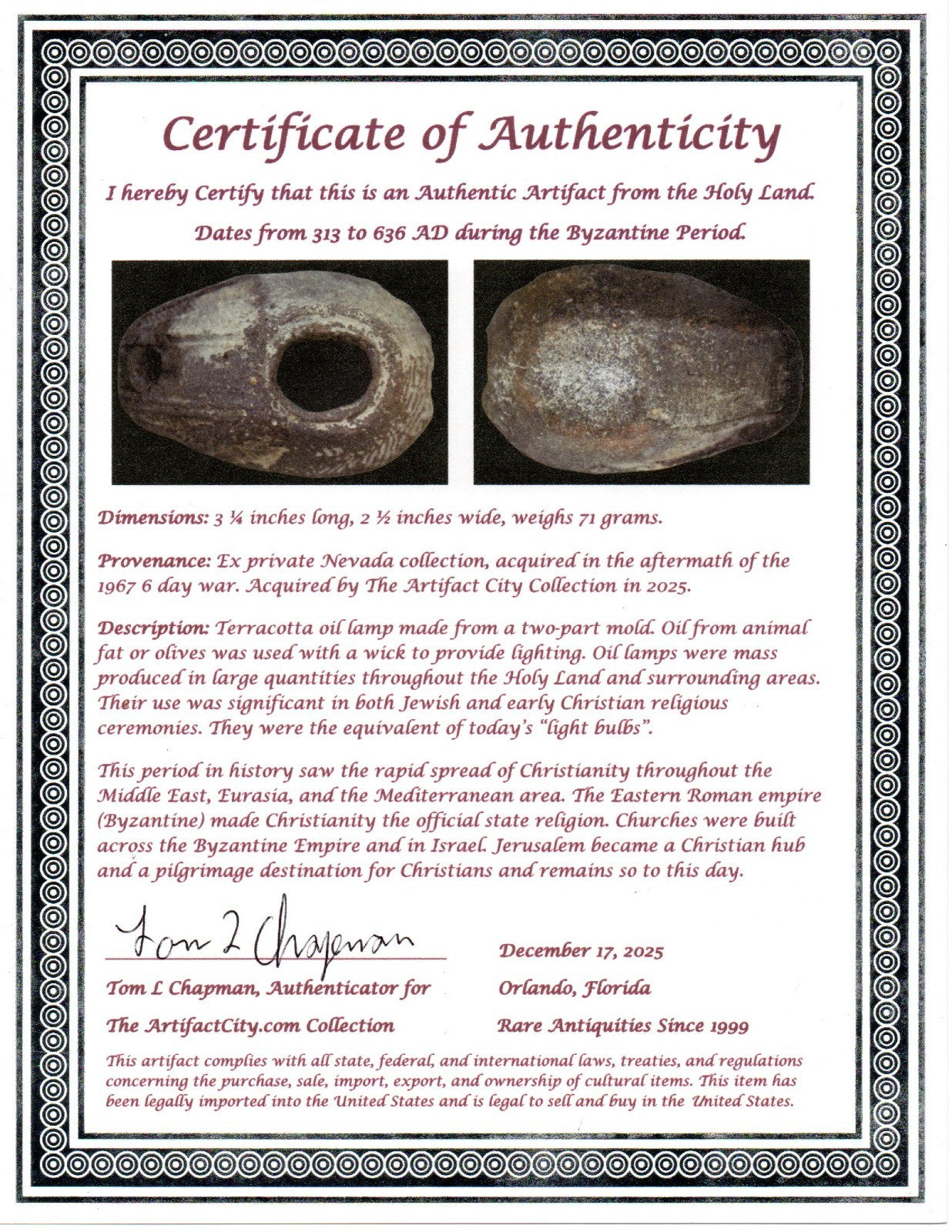 Time of the Christians Oil Lamp Ancient Holy Land Artifact 313-636 AD COA 20