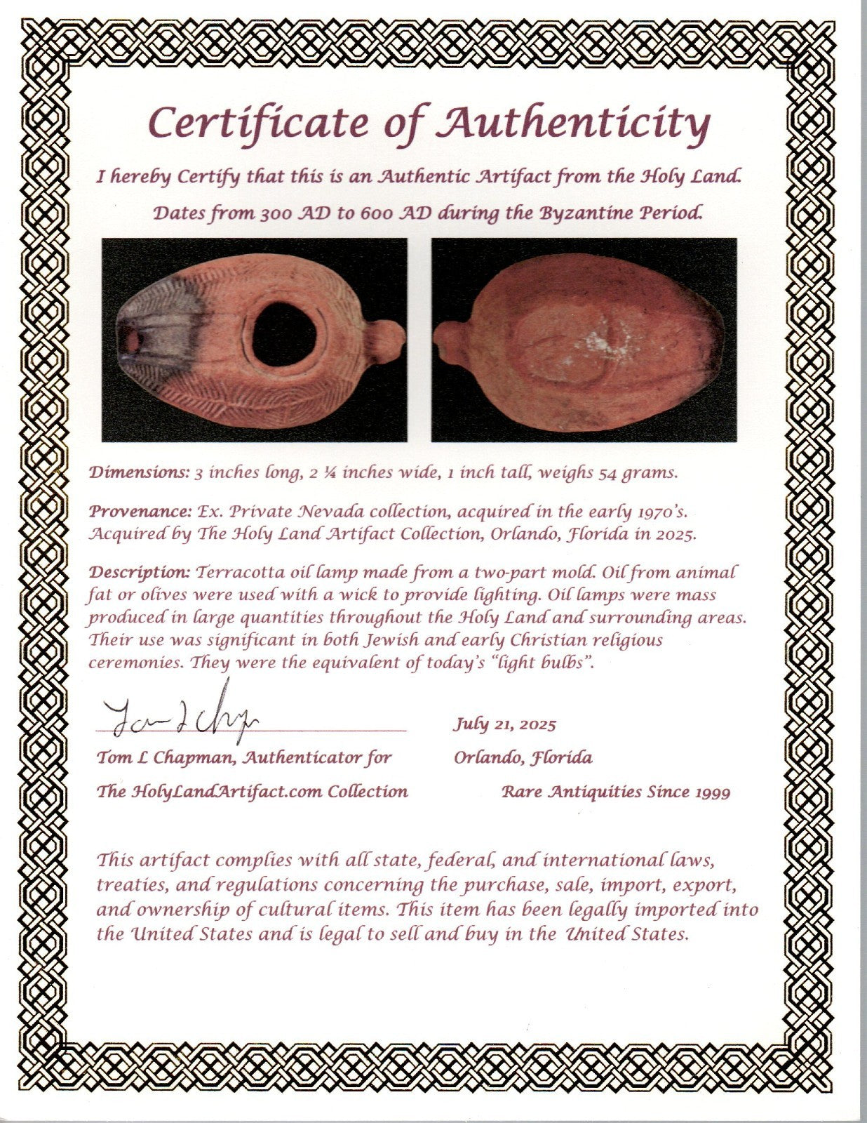 Ancient Holy Land Oil Lamp Artifact 2 Hidden Christian Crosses 300-600 AD COA 82