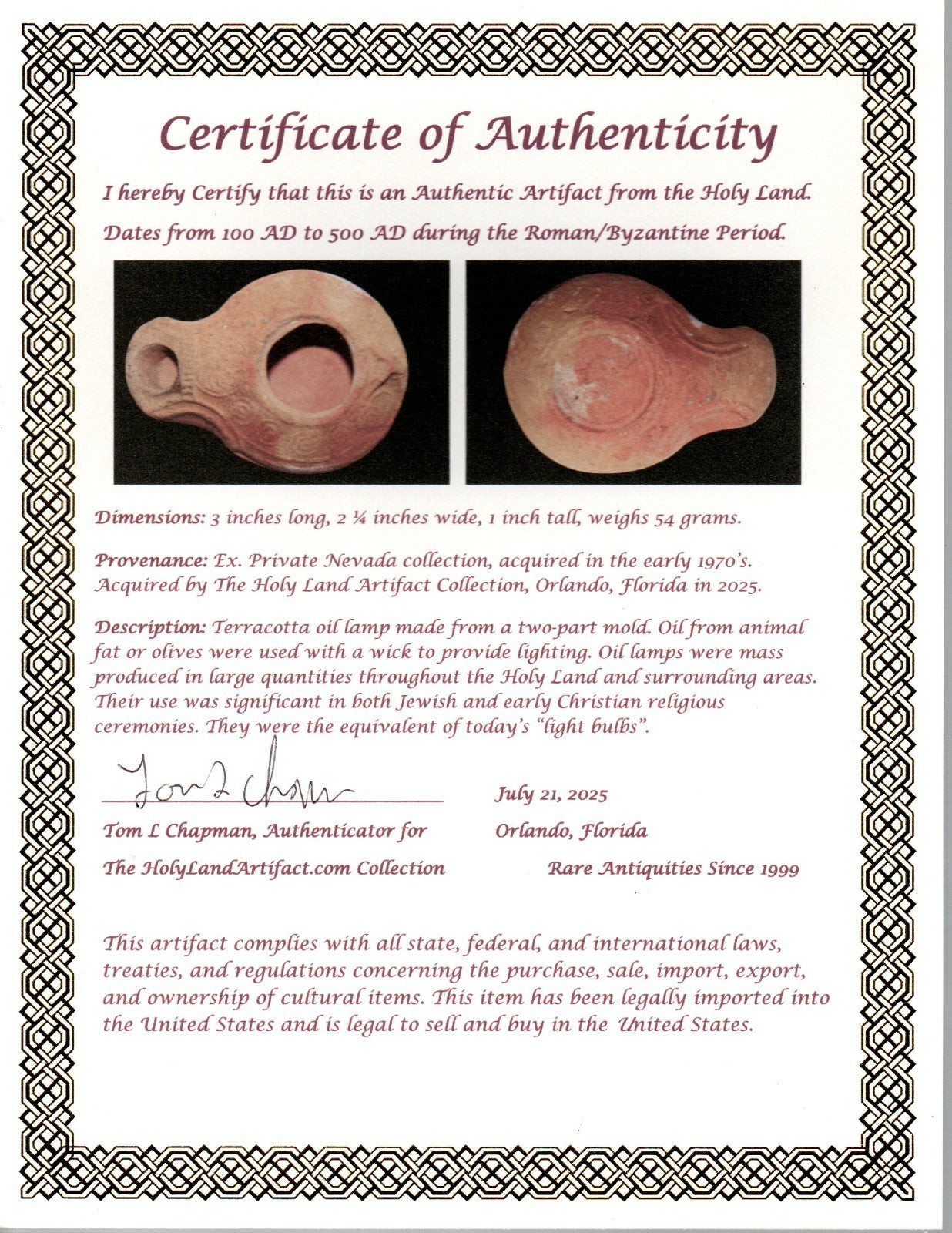 Ancient Holy Land Oil Lamp Artifact From Jesus Christ Home Land 100-500AD COA 50