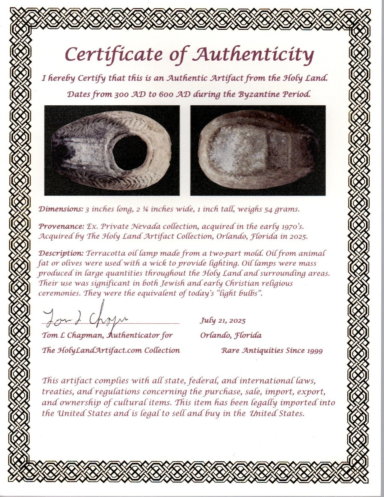 Ancient Holy Land Oil Lamp Artifact 2 Hidden Christian Crosses 300-600 AD COA 87