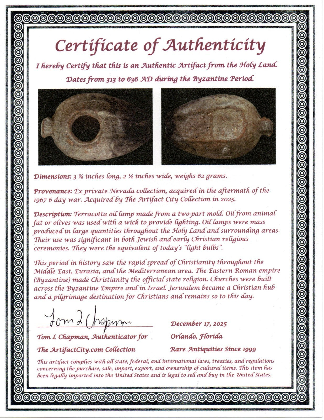 Time of the Christians Oil Lamp Ancient Holy Land Artifact 313-636 AD COA 08