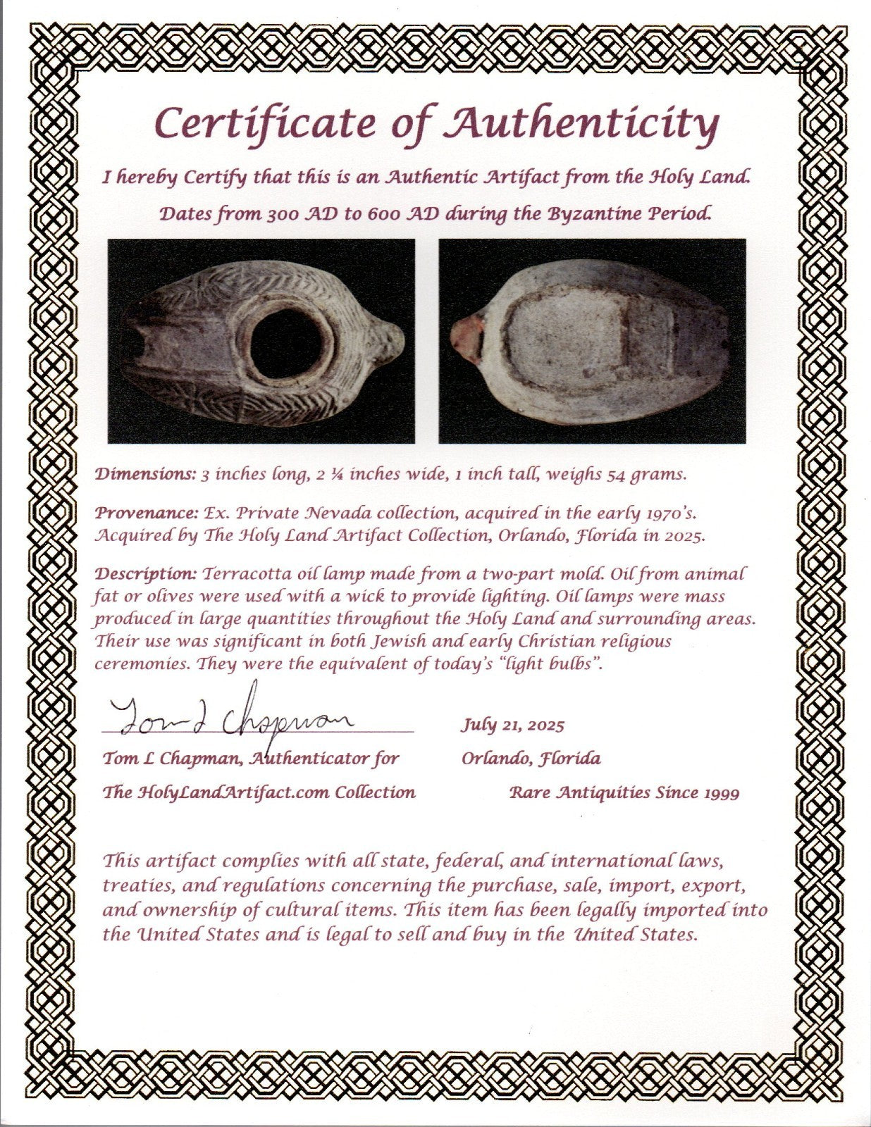 Ancient Holy Land Oil Lamp Artifact 2 Hidden Christian Crosses 300-600 AD COA 97