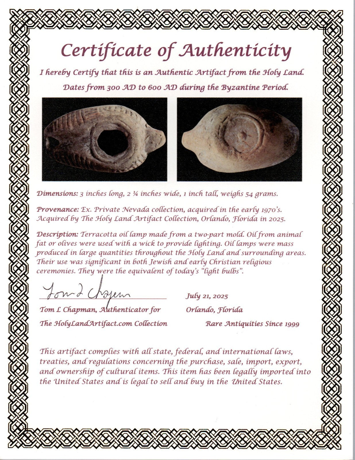 Oil Lamp Holy Land Ancient Artifact Jesus Christ Home Israel 300-600 AD COA 99