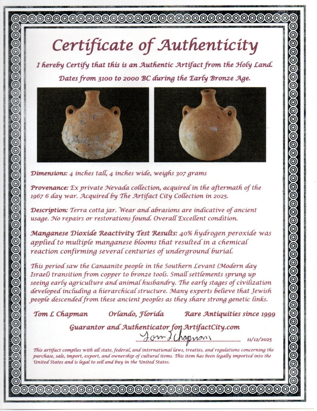 Time of Noah Holy Land Artifact Ancient Jug 3100-2000 BC COA 105