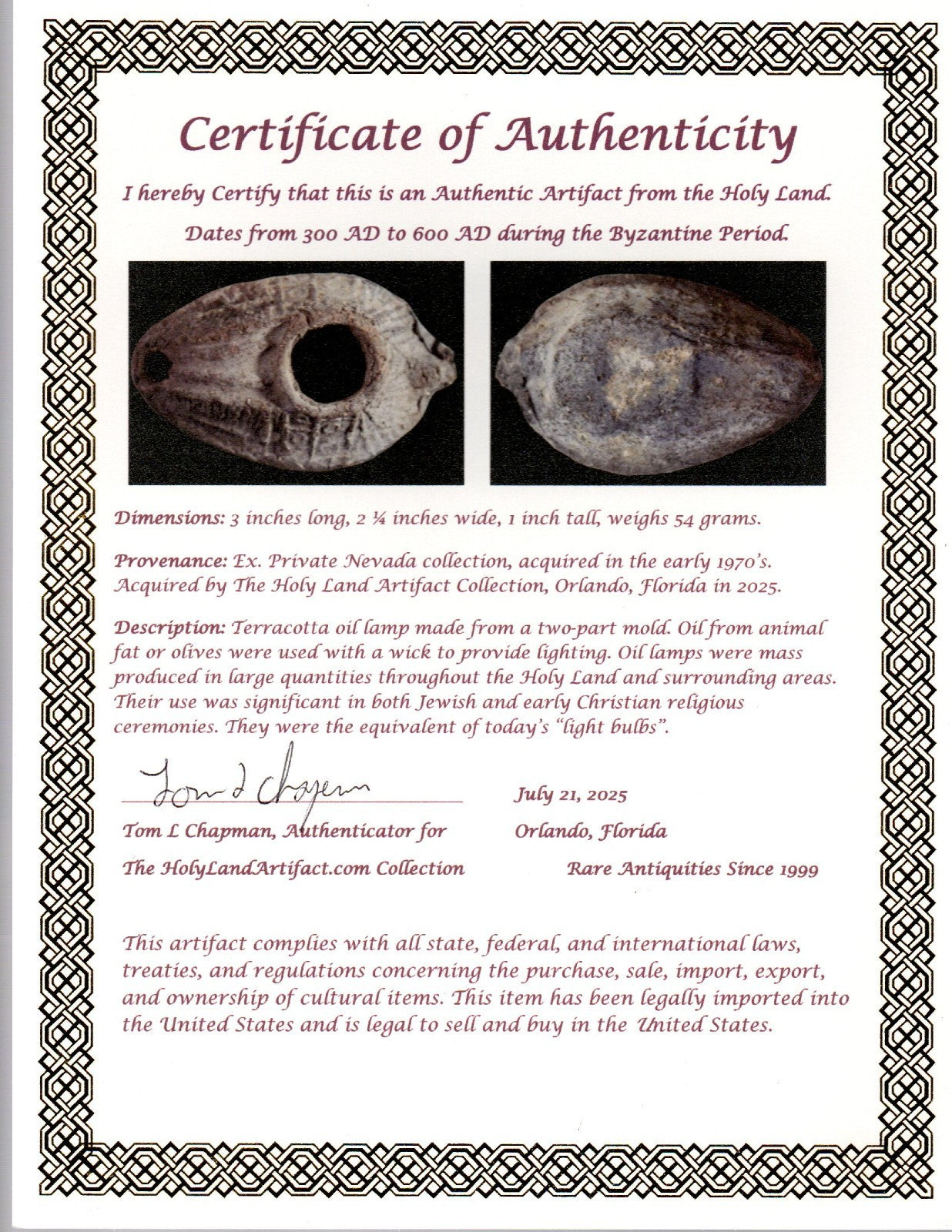 Oil Lamp Holy Land Ancient Artifact Jesus Christ Home Israel 300-600 AD COA 90