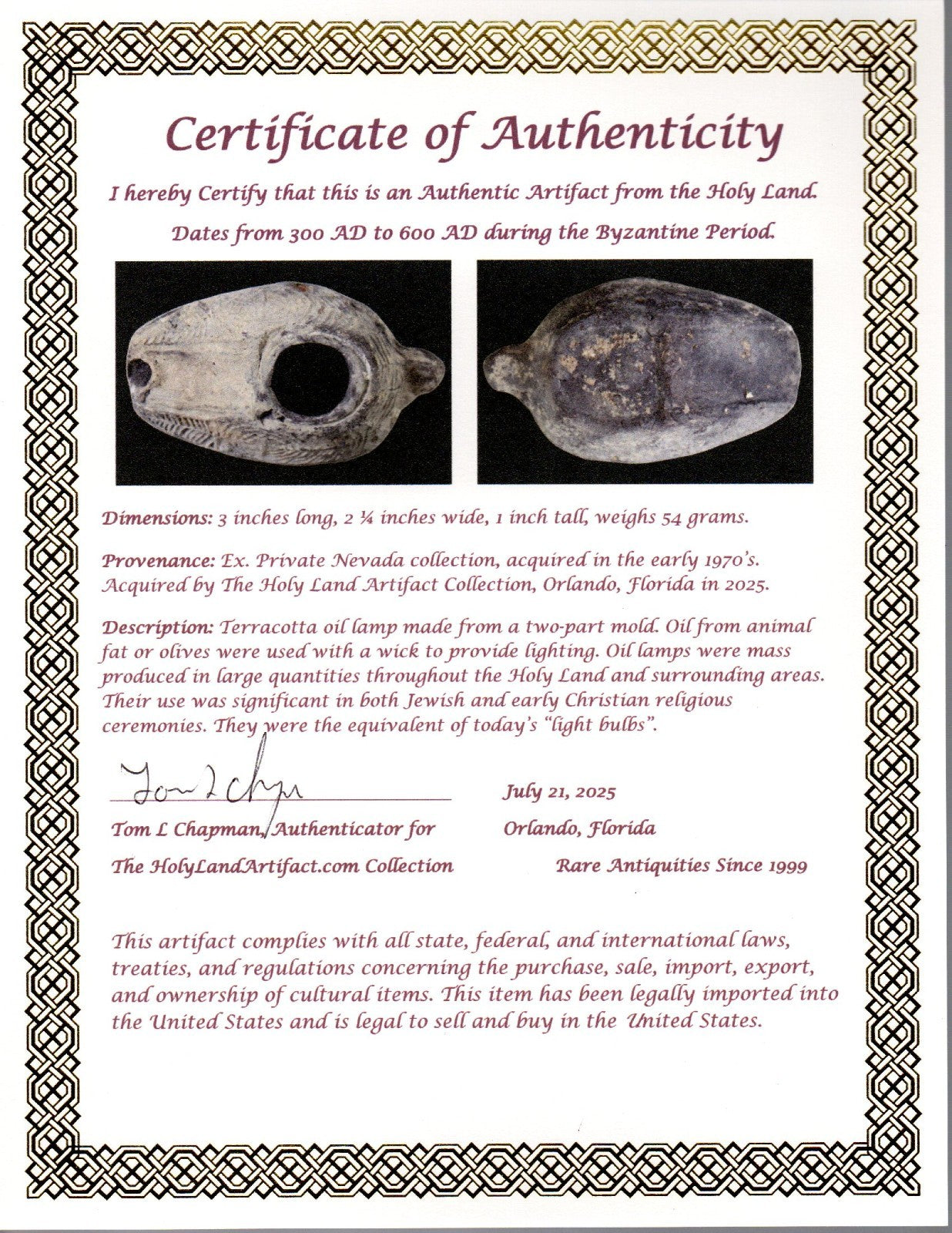 Ancient Holy Land Oil Lamp Artifact 2 Hidden Christian Crosses 300-600AD COA 113