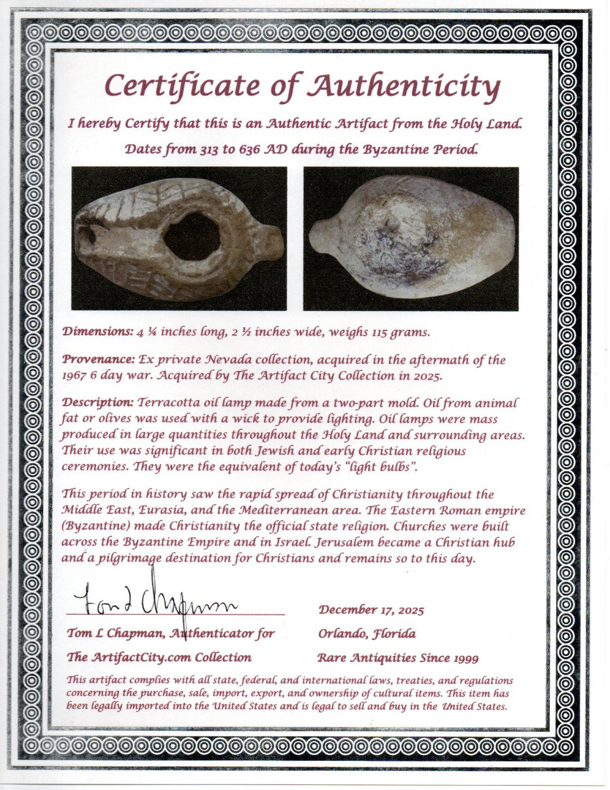 Holy Land Oil Lamp Ancient Artifact Time of the Christians 313-636 AD COA 206