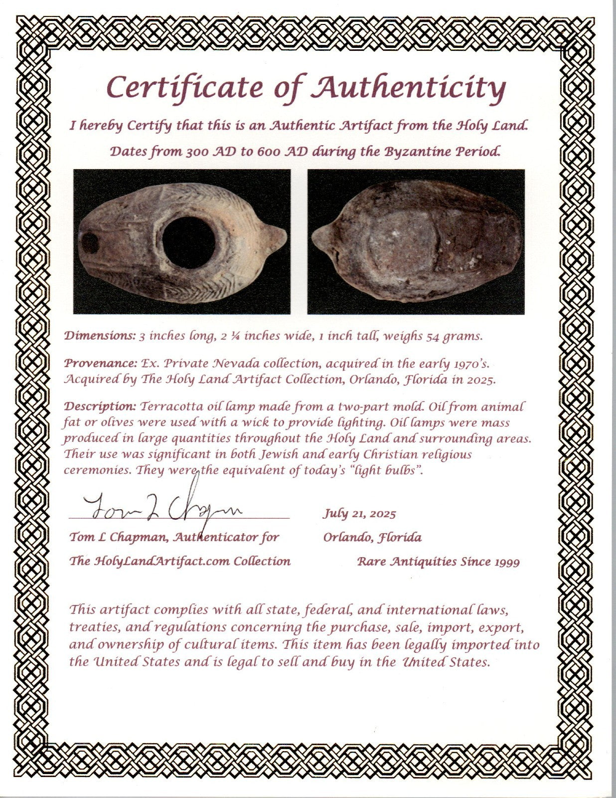 Ancient Holy Land Oil Lamp Artifact 2 Hidden Christian Crosses 300-600AD COA 100