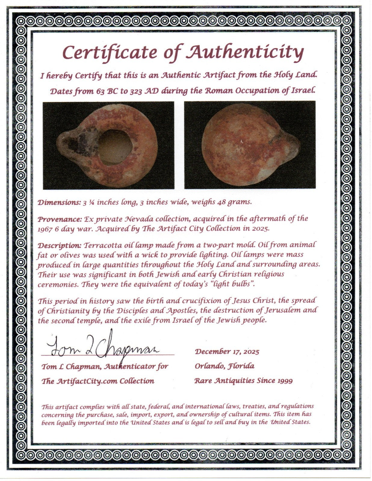 Holy Land Oil Lamp Ancient Artifact Time of Jesus & Apostles 63BC-323AD COA 141
