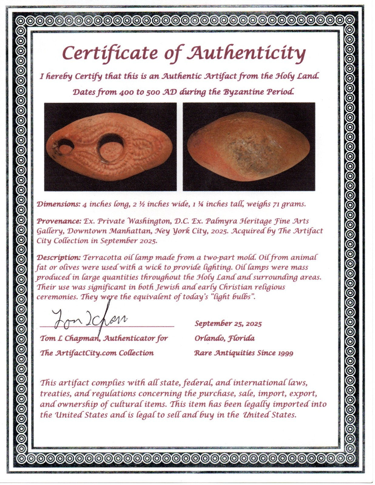 Ancient Holy Land Oil Lamp Artifact From Jesus Christ Homeland 400-500AD COA 27