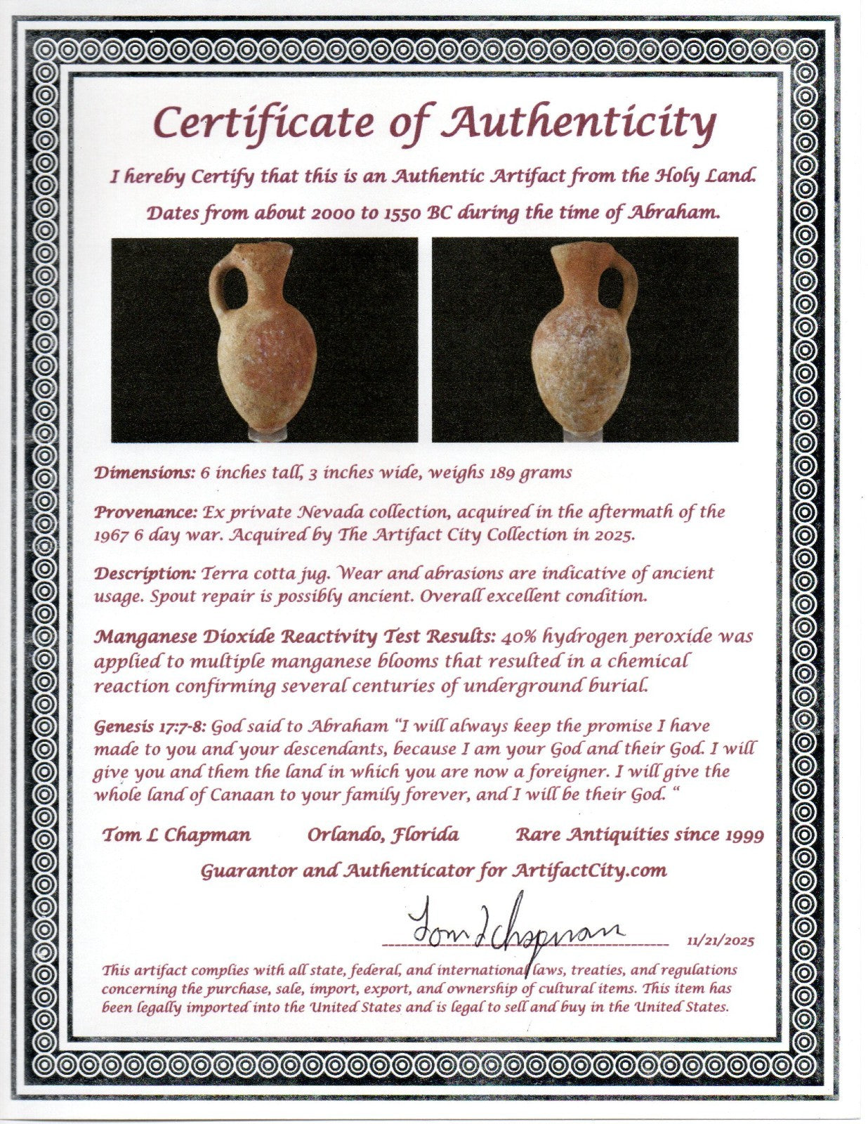 Time of Abraham Holy Land Artifact Ancient 4000 Year Old Jug 2000-1550 BC COA 56
