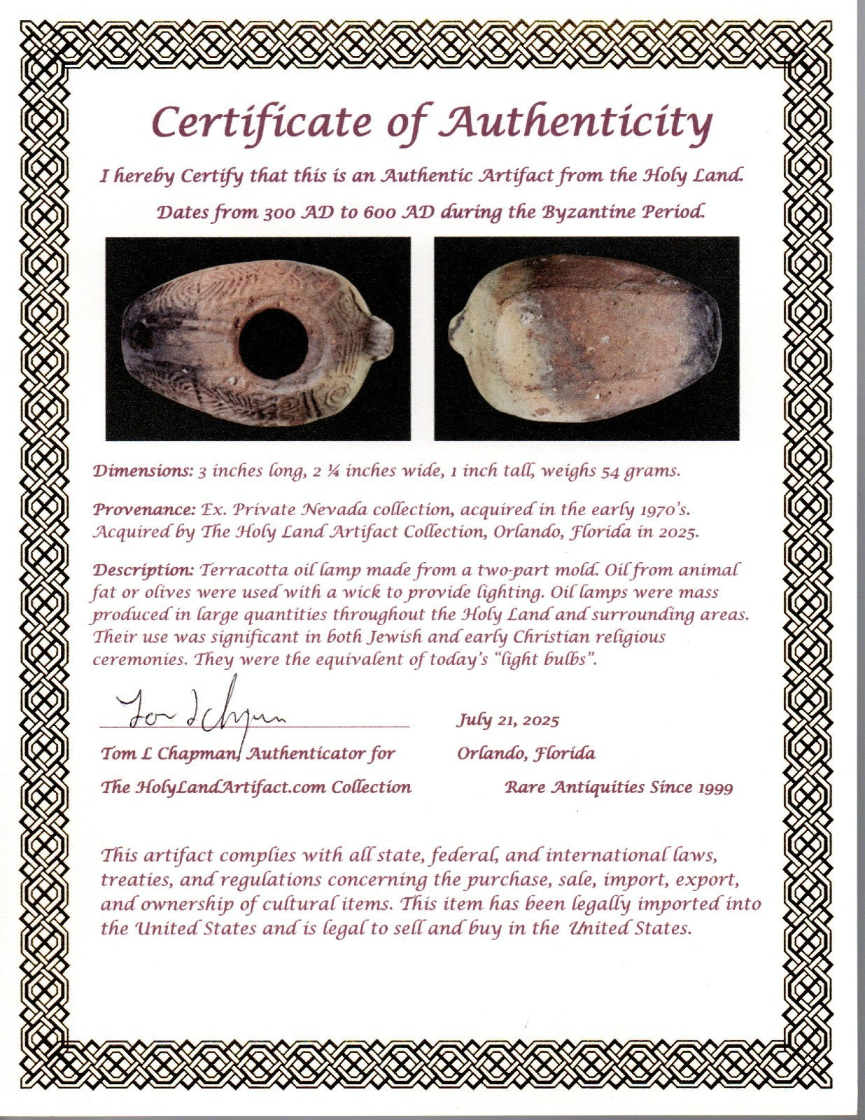 Ancient Holy Land Oil Lamp Artifact 2 Hidden Christian Crosses 300-600AD COA 112