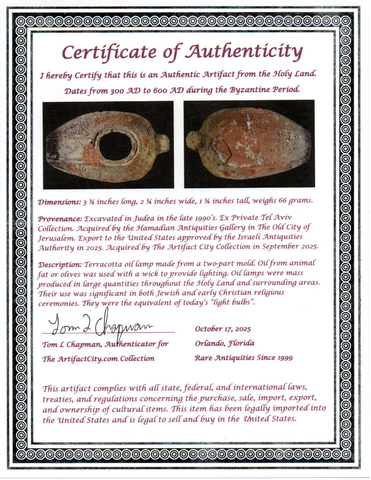 Ancient Holy Land Oil Lamp Artifact 2 Hidden Christian Crosses 300-600AD COA 136