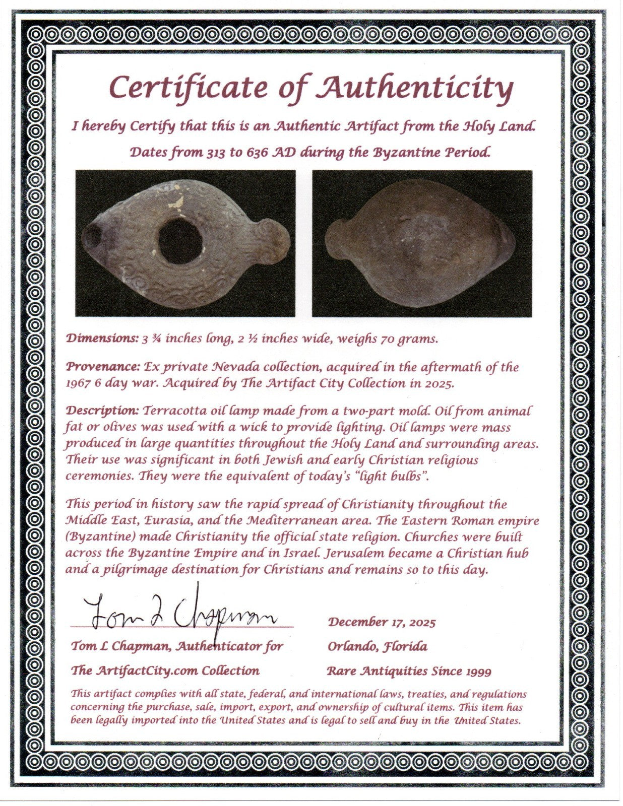 Holy Land Oil Lamp Ancient Artifact Time of the Christians 313-636 AD COA 176