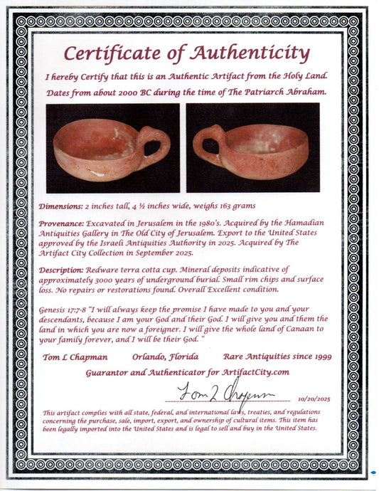 Ancient Holy Land Artifact Time Of Abraham Cup Jesus Christ Home 2000 BC COA 24