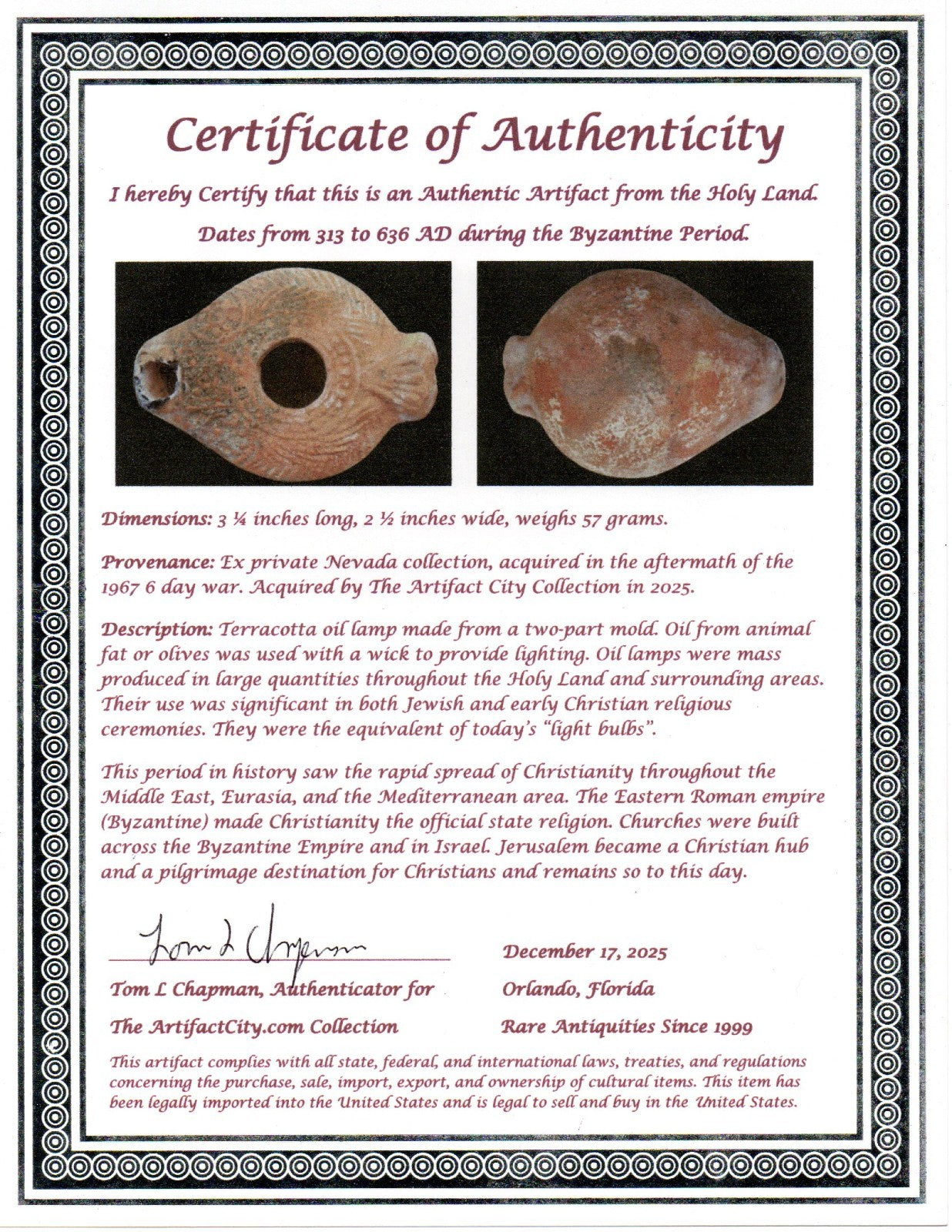 Holy Land Oil Lamp Ancient Artifact Time of the Christians 313-636 AD COA 185