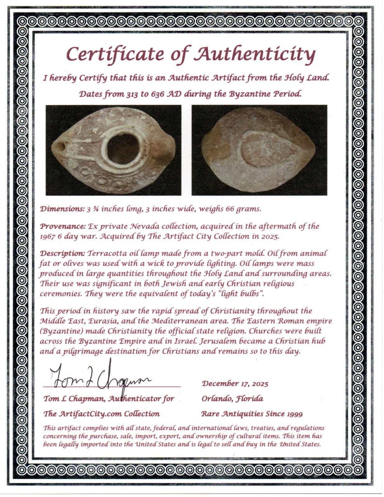 Holy Land Oil Lamp Ancient Artifact Time of the Christians 313-636 AD COA 219
