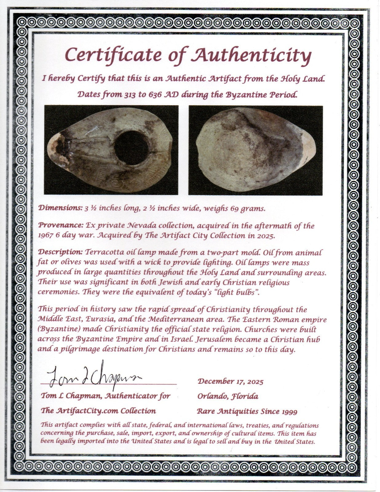 Time of the Christians Oil Lamp Ancient Holy Land Artifact 313-636 AD COA 18