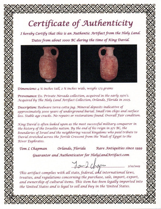 Ancient Holy Land Artifact King David Jug Land of Jesus Christ 1000 BC COA 19