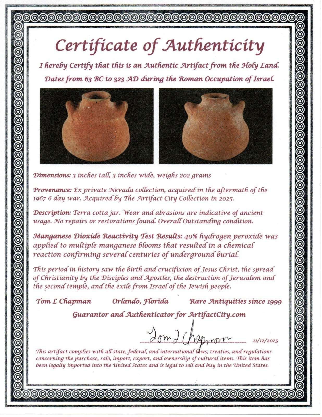 Time of Jesus Christ & Apostles Holy Land Artifact Ancient Jar 63BC-323AD COA 90