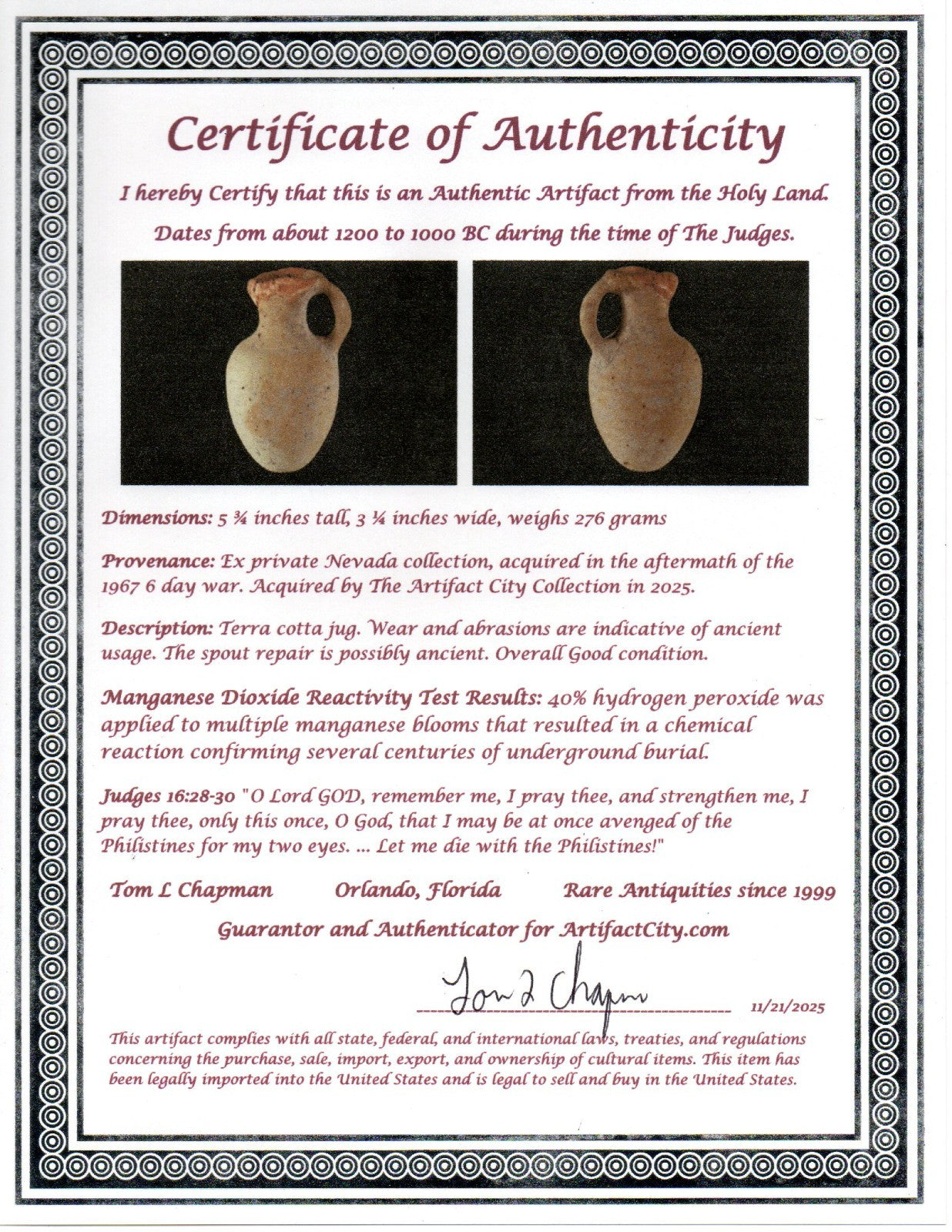Time of Samson Holy Land Artifact Ancient 3100 Year Old Jug 1200-1000 BC COA 75