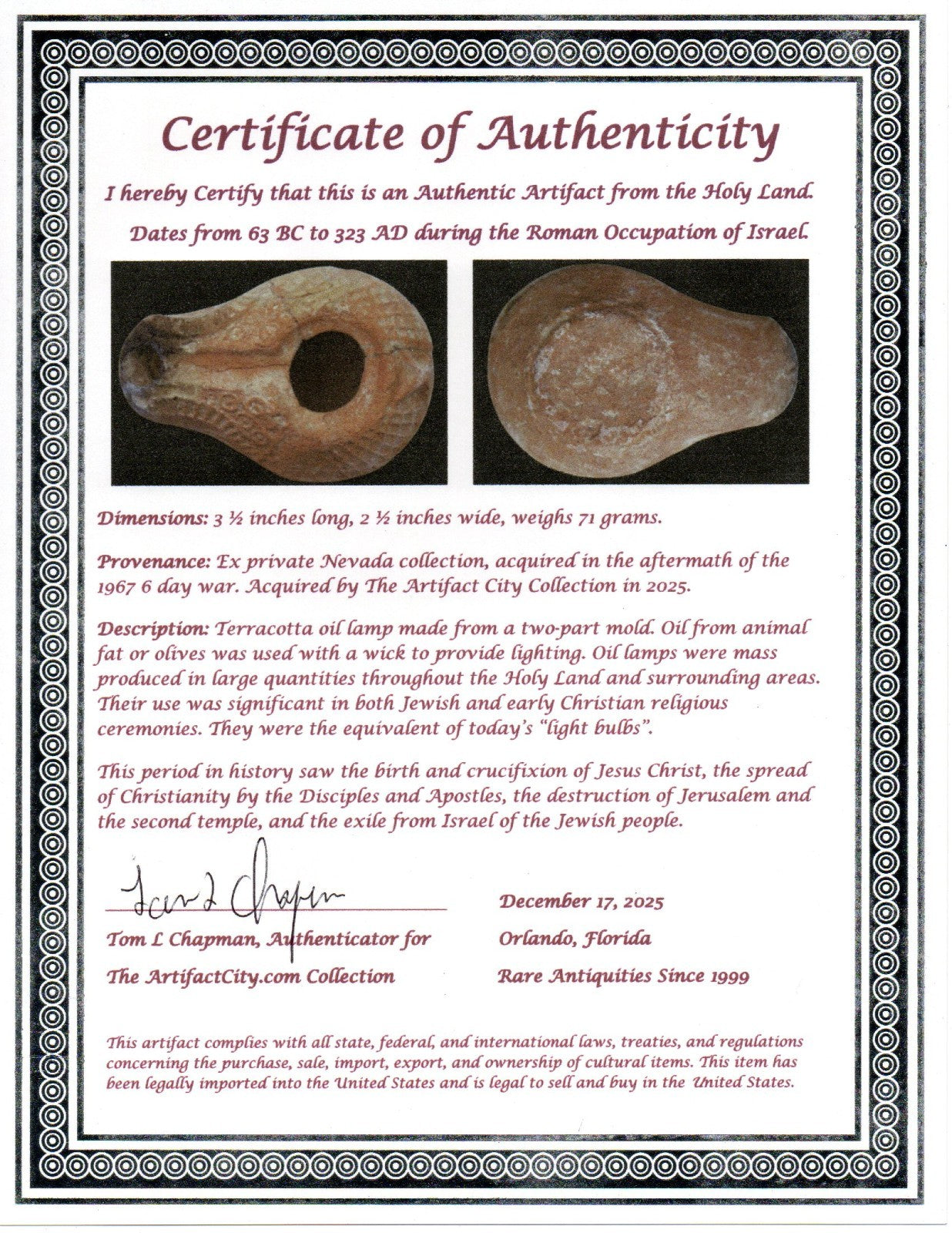 Holy Land Oil Lamp Ancient Artifact Time of Jesus & Apostles 63BC-323AD COA 157
