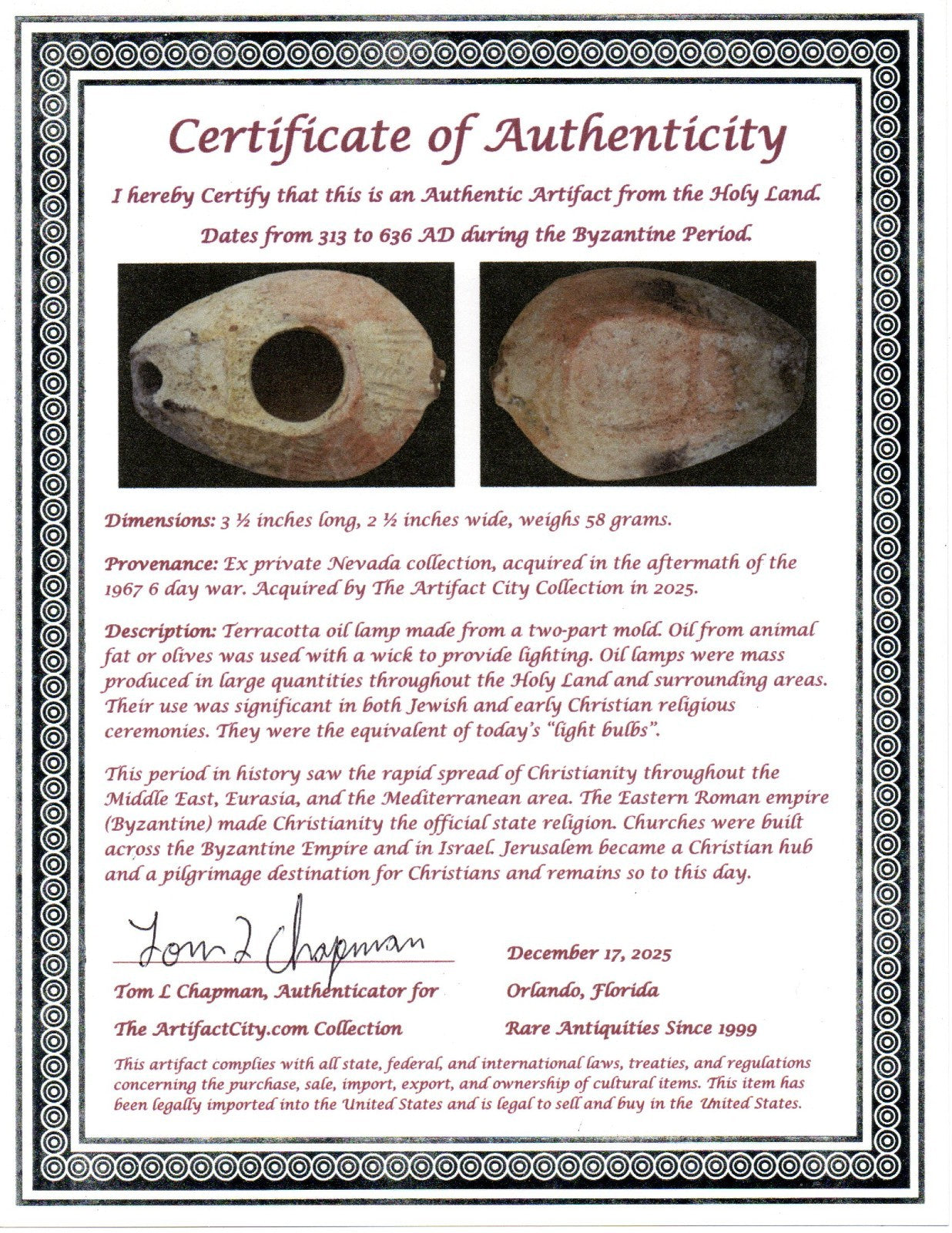 Holy Land Oil Lamp Ancient Artifact Time of the Christians 313-636 AD COA 47