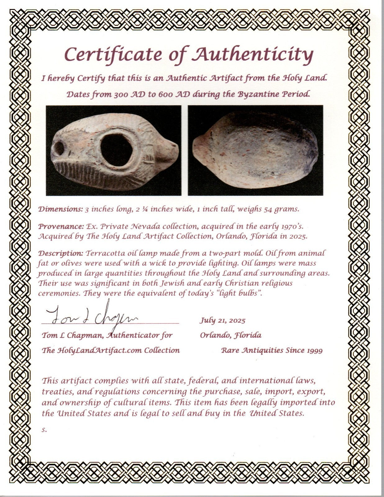 Oil Lamp Holy Land Ancient Artifact Jesus Christ Home Israel 300-600 AD COA 70