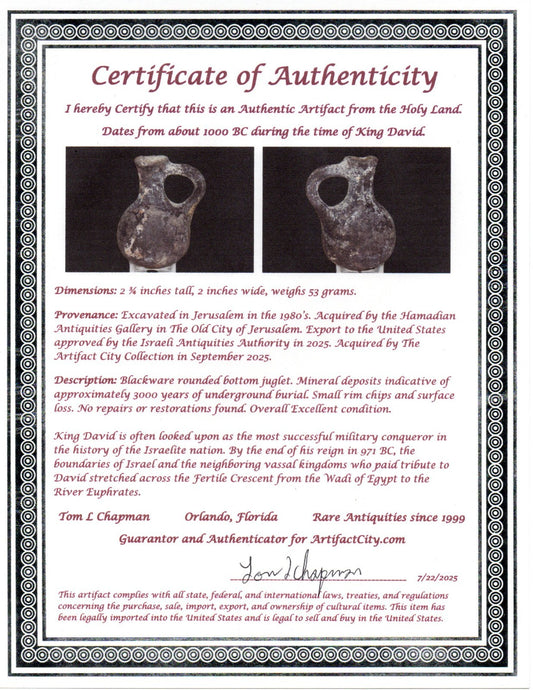 Ancient Holy Land Artifact King David Mini Jugglet Christ Home Land 1000BC COA 4