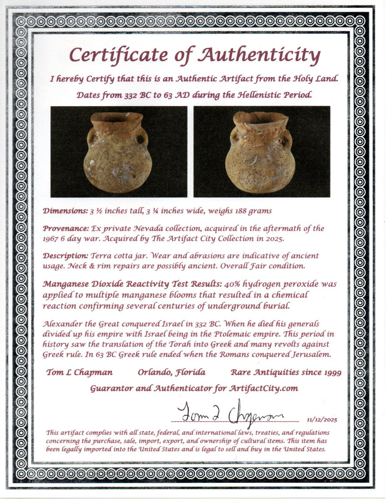 Time of Alexander the Great Holy Land Artifact Ancient Jar 332 BC-63 AD COA 91