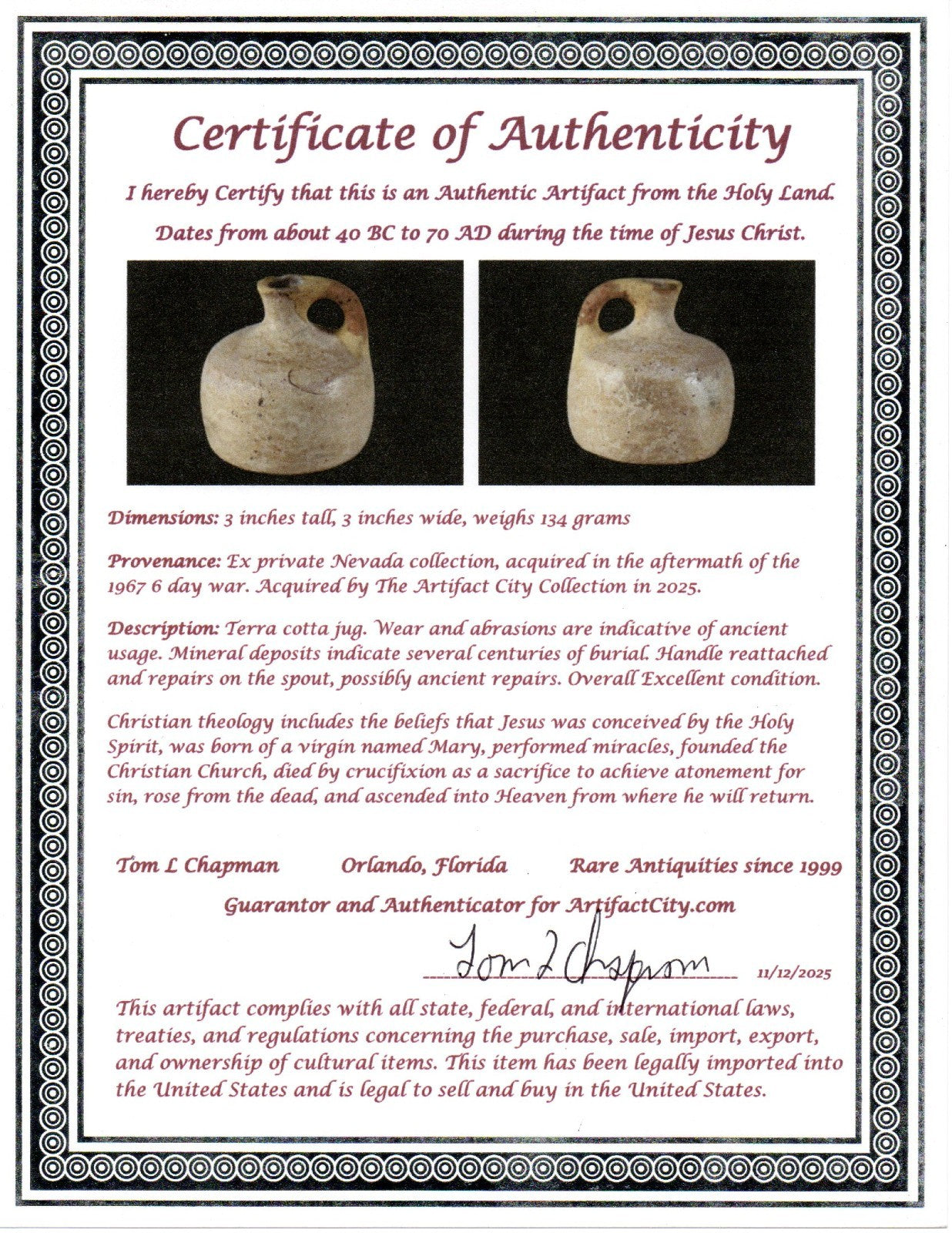 Time of Jesus Christ Ancient Holy Land Artifact Herodian Jug 40BC - 70AD COA 55