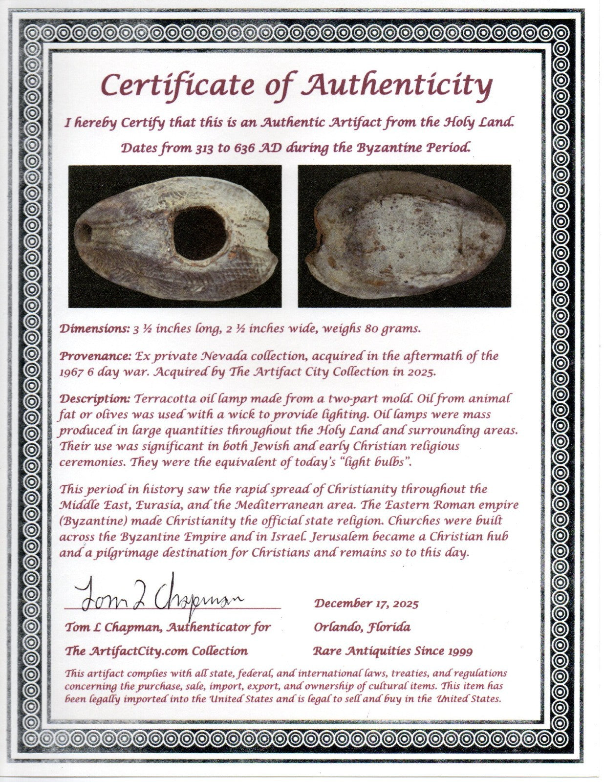 Time of the Christians Oil Lamp Ancient Holy Land Artifact 313-636 AD COA 15
