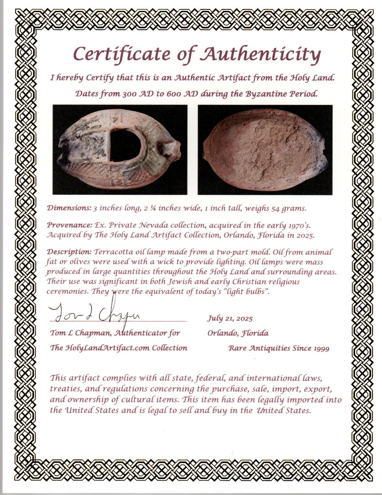 Oil Lamp Holy Land Ancient Artifact Jesus Christ Home Israel 300-600 AD COA 110