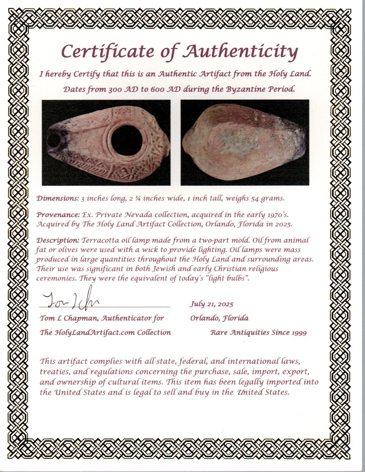 Oil Lamp Holy Land Ancient Artifact Jesus Christ Home Israel 300-600 AD COA 85