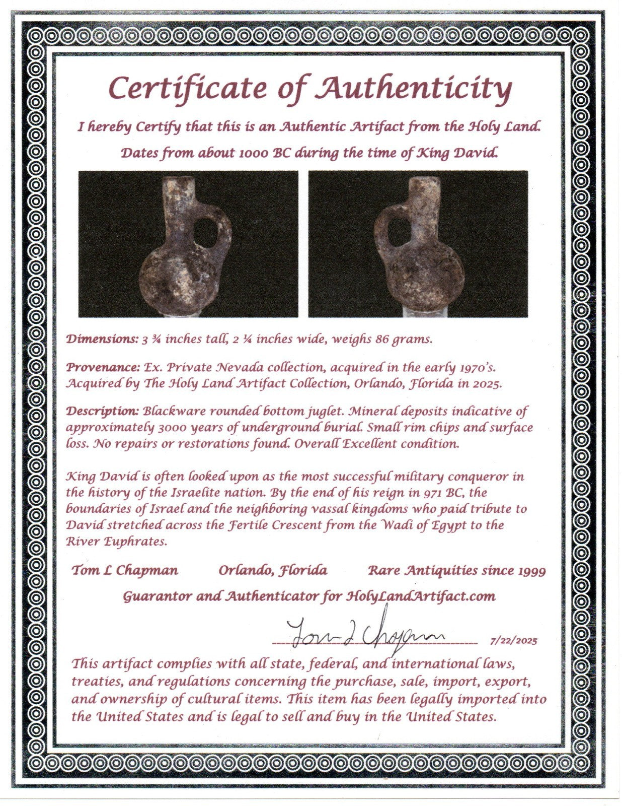 Ancient Holy Land Artifact Time of King David Small Black Jugglet 1000 BC COA 05