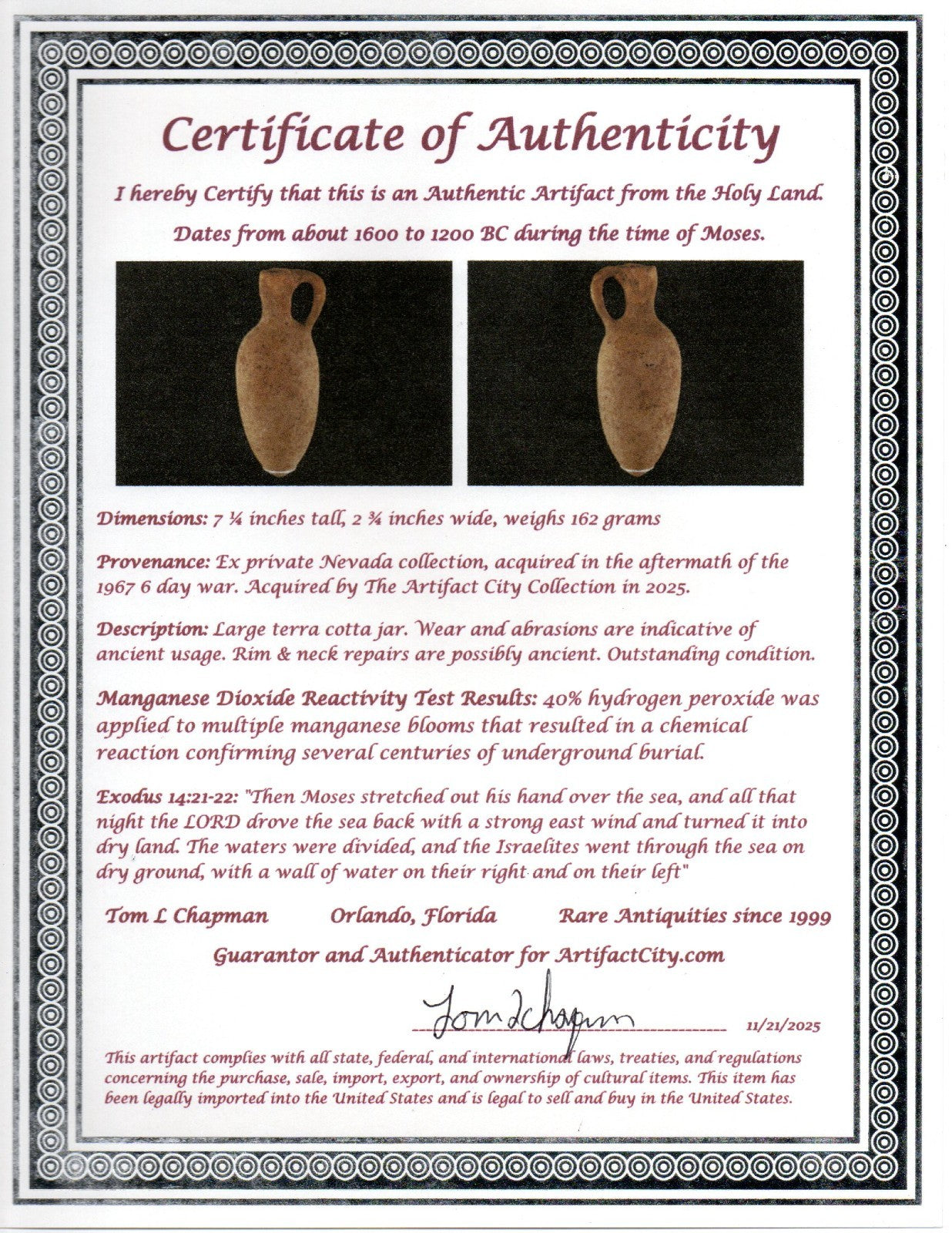 Time of Moses Holy Land Artifact Ancient 3500 Year Old Jug 1600-1200 BC COA 62