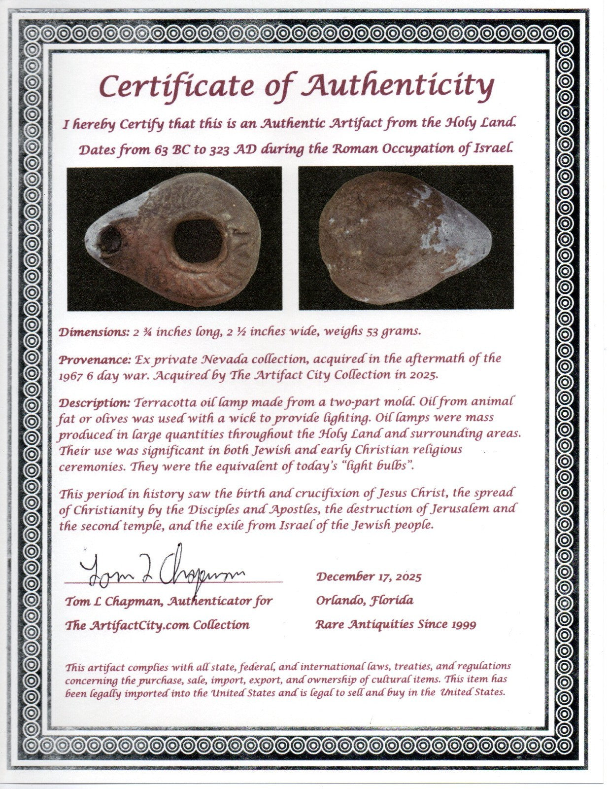 Holy Land Oil Lamp Ancient Artifact Time of Jesus & Apostles 63BC-323AD COAA 148