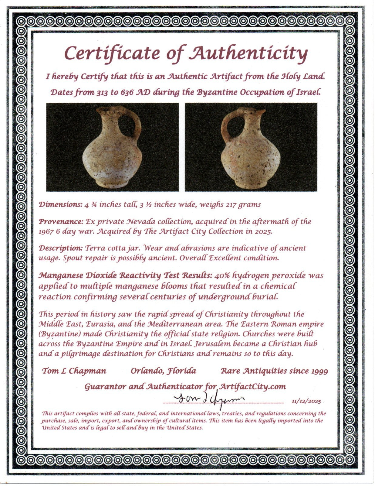 Time of The Christians Holy Land Artifact Ancient Jug Israel 313-636 AD COA 101