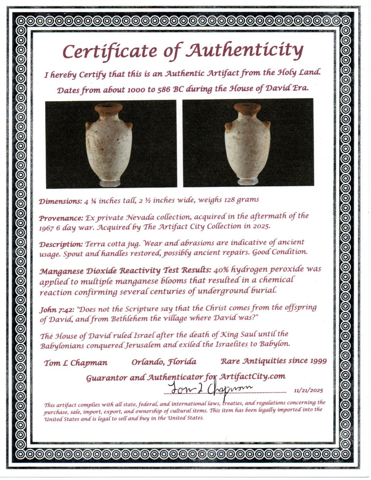 Time of House of King David Holy Land Artifact Ancient Jug 1000-586 BC COA 87