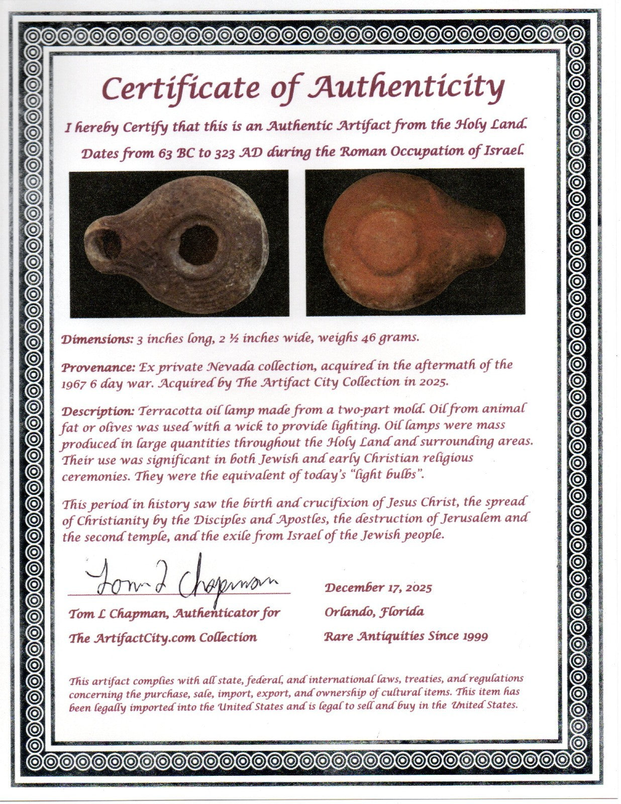 Holy Land Oil Lamp Ancient Artifact Time of Jesus & Apostles 63BC-323AD COA 63