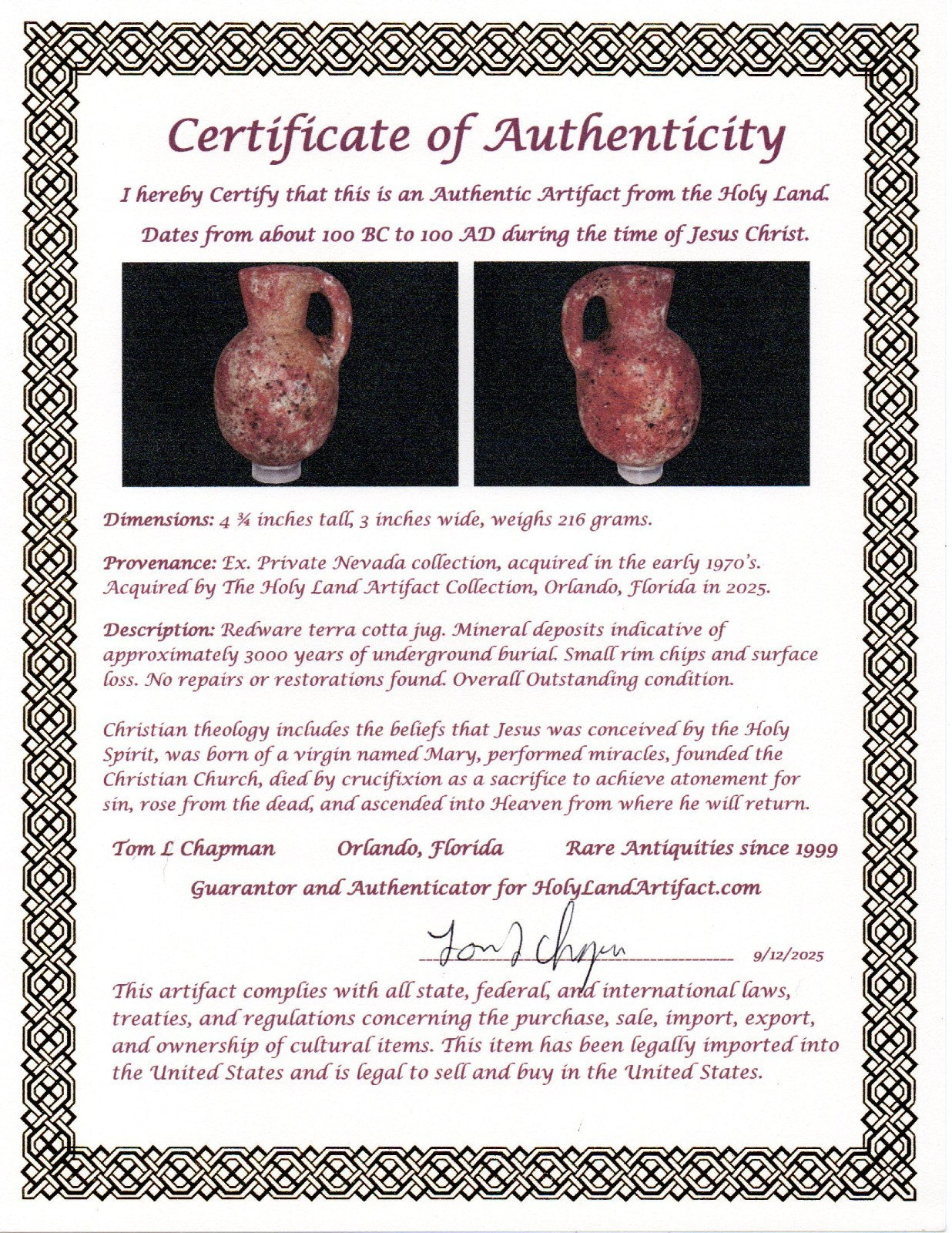 Ancient Holy Land Artifact Jug From Time of Jesus Christ 100 BC - 100 AD COA 16