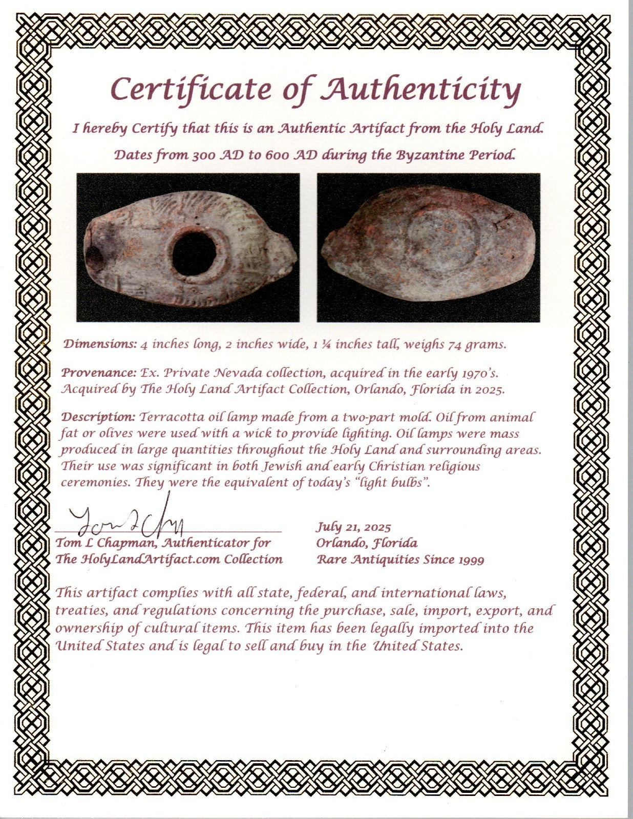 Oil Lamp Holy Land Ancient Artifact Jesus Christ Home Israel 300-600 AD COA 115