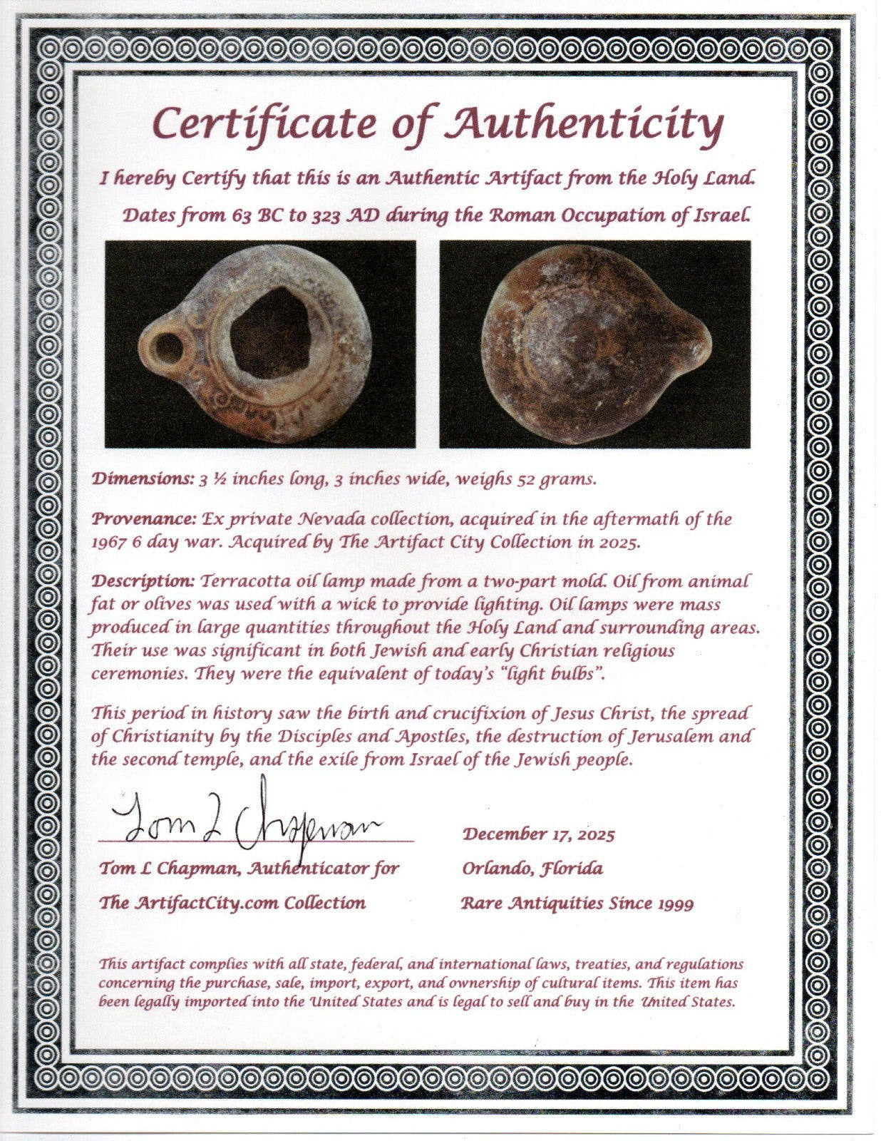 Holy Land Oil Lamp Ancient Artifact Time of Jesus & Apostles 63BC-323AD COA 160
