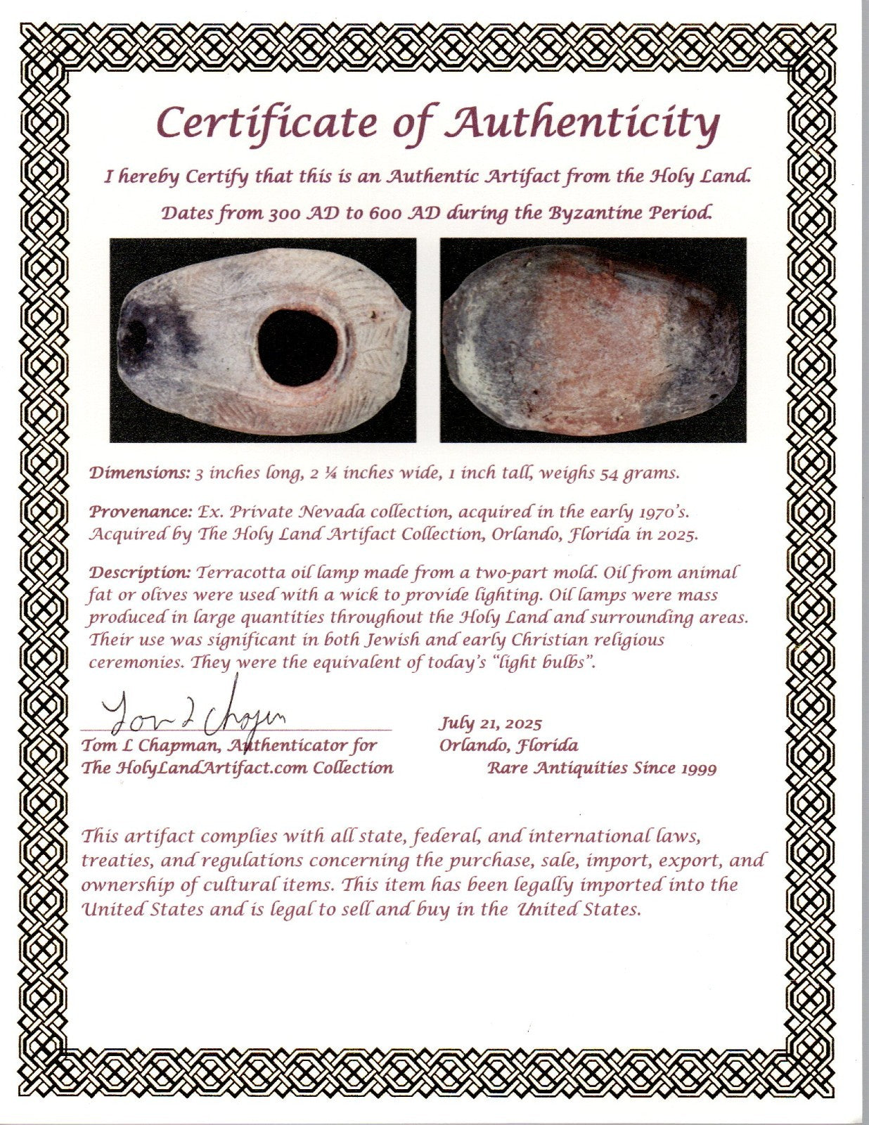 Oil Lamp Holy Land Ancient Artifact Jesus Christ Home Israel 300-600 AD COA 107