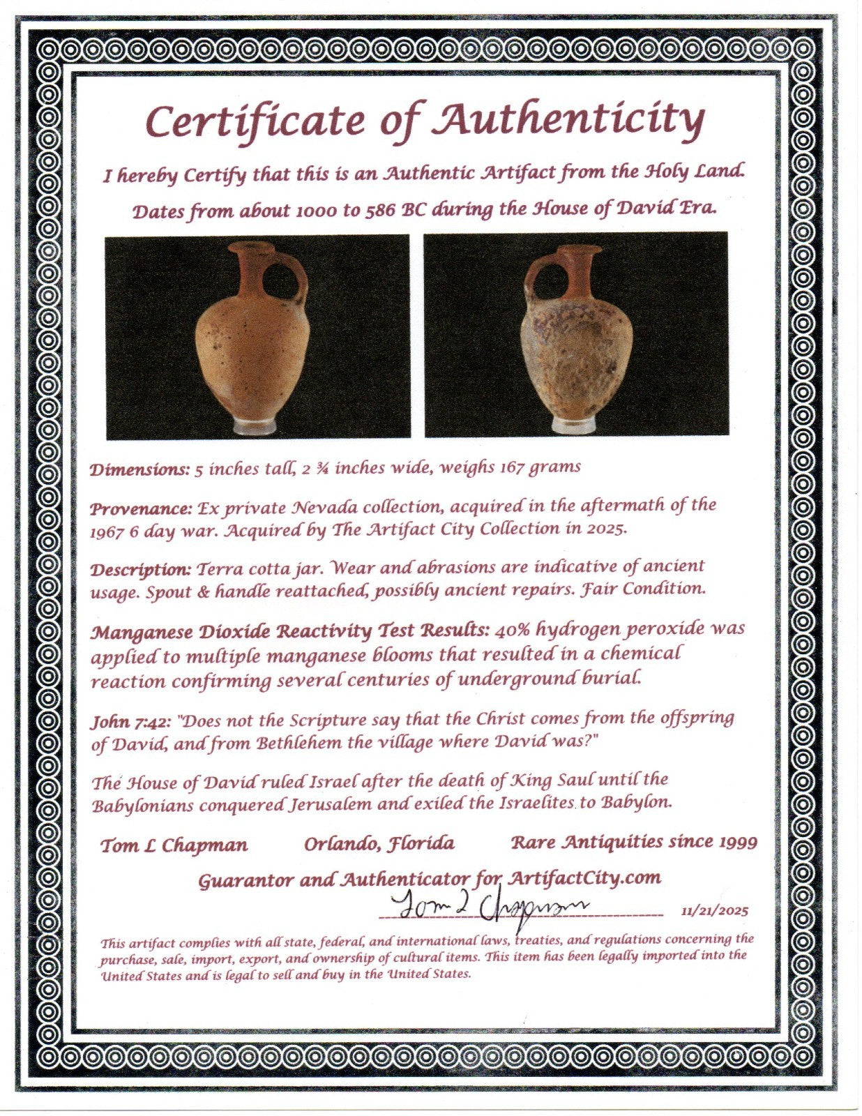 Time of House of King David Holy Land Artifact Ancient Jar 1000-586 BC COA 85